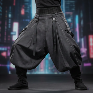 Pantalon cargo futuriste Hakama de style samouraï moderne, tissu technique premium, jambe large, streetwear, 100% coton, taille mi-haute - Product Image 1