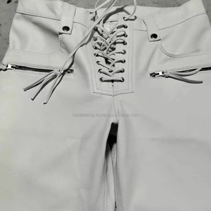 Pantaloni da <span class=keywords><strong>uomo</strong></span> in <span class=keywords><strong>pelle</strong></span> da motociclista bianca in vera morbida <span class=keywords><strong>pelle</strong></span> di agnello con lacci da motociclista OEM ODM pantaloni firmati Soft feel - Product Image 1