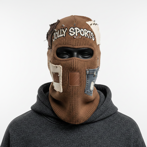 Pasamontañas de Invierno para Hombre, 280 GSM, Tejido de Punto Acanalado Grueso, Algodón y Poliéster, Estilo de Paneles Múltiples con Parches, Logotipo Personalizado - Product Image 1