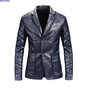 Veste de costume décontractée pour homme en cuir synthétique noir en gros, à capuche, col rabattu, style business, patchwork rouge, bleu, kaki - Product Image 4