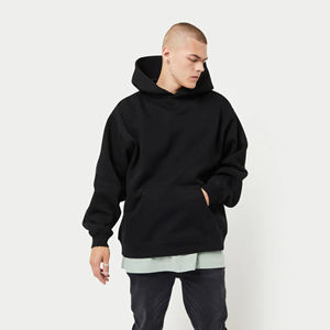 Sudadera con capucha extragrande para hombre, negra, lisa, con logotipo personalizado, estilo urbano, de tejido polar grueso, con capucha, marca privada, venta al por mayor - Product Image 1