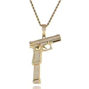 Collar con Colgante de Pistola Chapado en Oro Real, Unisex, con Incrustaciones de Circones Redondos y Cadena de Perlas, Accesorio de Joyería de Moda para Fiestas - Product Image 4