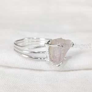 Joyería de piedra en bruto, anillo para mujer, piedra preciosa de cuarzo rosa crudo Natural, piedra natal de abril, 3 bandas lisas, anillo de Plata de Ley 925 para boda - Product Image 3