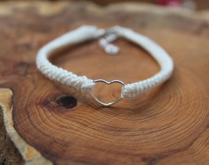 <b>Bracelet</b> in Cream with <b>Cute</b> Silver Heart, Cotton Anniversary - Product Image 1