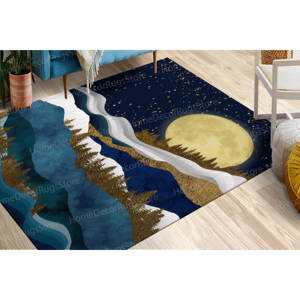 Alfombra con Estampado de Estrellas Doradas: Diseño Moderno de Paisaje de Montaña Abstracto, con Pelo Suave - Product Image 1