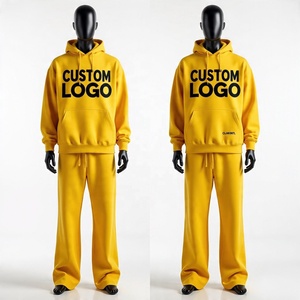 ชุดวอร์มคุณภาพสูงสำหรับผู้ชายโอเวอร์ไซส์ชุดครอปมีฮู้ดและกางเกงสเวตเตอร์ทรงถุงซักวินเทจพิมพ์ลายไรน์สโตน - Product Image 1