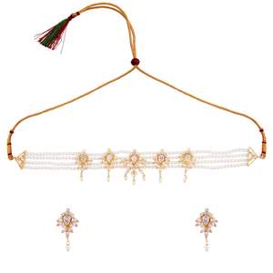 <b>Fashion</b> Jewelry Gold Plated CZ Faux Pearl Bridal Wedding Pendant Collar <b>Choker</b> <b>Necklace</b> Earings Set - Product Image 1