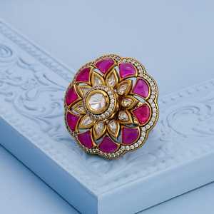 Kundan Fashionable Adjustable Copper Finger <b>Ring</b> 189200 with Princess Cut Diamond Gold Plated Free <b>Size</b> for Party Occasions - Product Image 2