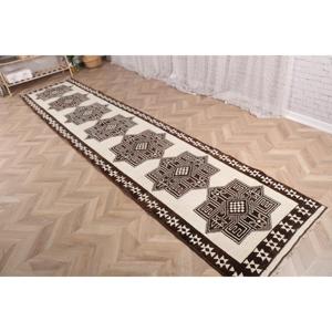 Tapis turc Herki 2,8x13,4 pieds, tapis vintage en laine brun et blanc à bordures - Product Image 3