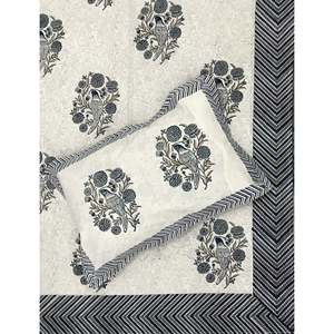 Parure de lit double en coton imprimé à la main motif floral classique avec taies d'oreiller, 100% coton écologique, draps à coutures classiques pour la maison - Product Image 1