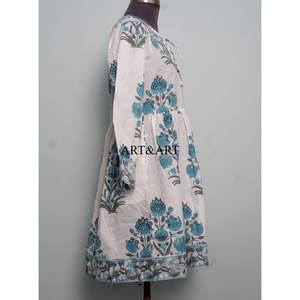 ชุดเดรสทำงานผู้หญิง ผ้าฝ้าย 100% ลายพิมพ์ดอกไม้แบบแฮนด์บล็อก แขนพองสามส่วน ความยาวระดับเข่า สวมใส่สบาย - Product Image 4