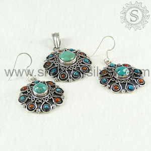 Multi Coral Turquoise Natural Gemstone <b>Earrings</b> Pendant Jewelry <b>Set</b> 925 <b>Sterling</b> <b>Silver</b> Vintage Handmade Jewelry <b>Sets</b> Suppliers - Product Image 3
