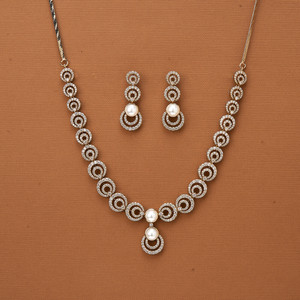 Women's Cubic Zirconia Pearl Necklace with 2-Tone Rhodium Plating Fashionable Mehndi Style for Girls - Product Image 2