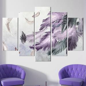 Decoración moderna en lienzo: obra de arte con estampado de plumas moradas y grises, mezcla de 5 piezas: envoltura tipo galería - Product Image 1