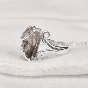 แหวนหินดิบธรรมชาติสำหรับผู้หญิง แหวนควอตซ์สโมคกี้ดิบ แหวนลวดสไตล์ฮิปปี้ ของขวัญคริสต์มาส แหวนเงินแท้ 925 - Product Image 3