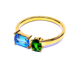 Fashionable 925 Sterling Silver Gold Plated Blue Topaz Chrome Diopside Gemstones Adjustable Two <b>Stone</b> <b>Ring</b> - Product Image 2