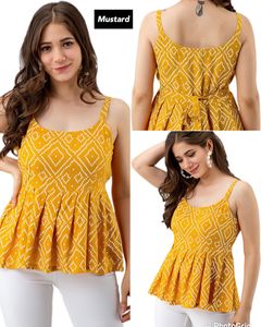 2023 recién llegados verano venta al por mayor vestido rayón sin mangas Bandhani estampado Tops cortos para oficina y ropa Regular para mujeres - Product Image 5