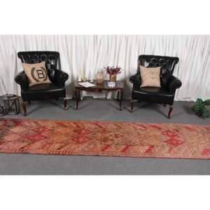 Alfombra turca Vintage de 29 'X 12 ', diseño de retazos rojo y naranja, Material de lana, técnica de tejido plano de látex para decoración de sala de estar - Product Image 2