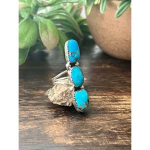 Southwest Handmade Kingman Turquoise & Sterling Silver <b>Adjustable</b> Climber <b>Ring</b> Size 6.5 Bezel Setting Perfect Gift - Product Image 4