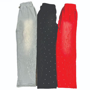 Pantalon pour homme lavé personnalisé anti-rides broderie en détresse pantalon de survêtement évasé à double taille pantalon de survêtement pour hommes baggy en strass délavé au soleil - Product Image 5