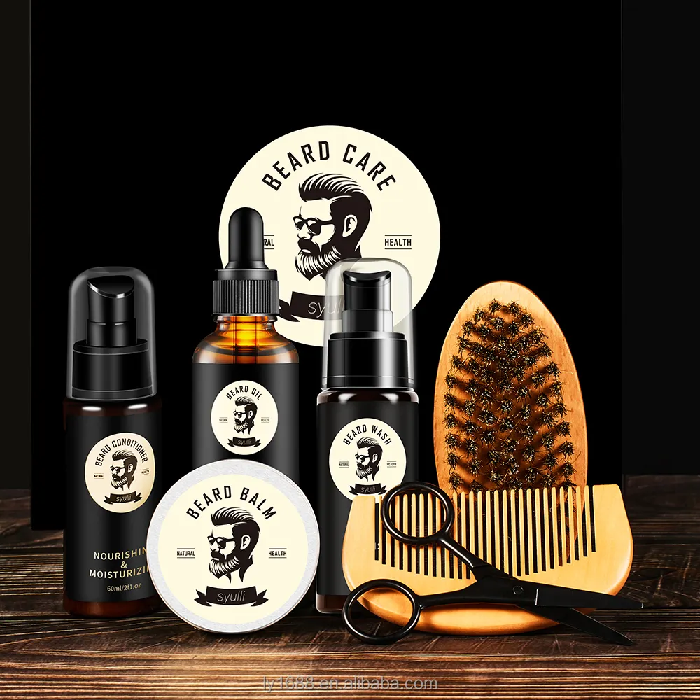 Erkekler sakal bakım seti özel etiket organik doğal tıraş jeli yıkama hediye sakal uzatma yağ seti bakım için bıyık