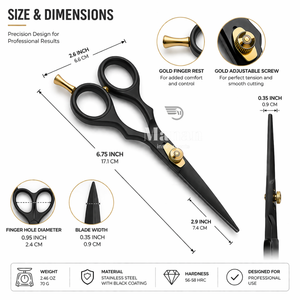 Ciseaux de coiffure noirs de qualité supérieure, 6,5 pouces, en acier inoxydable, avec vis dorée, outil professionnel de salon, OEM - Product Image 3