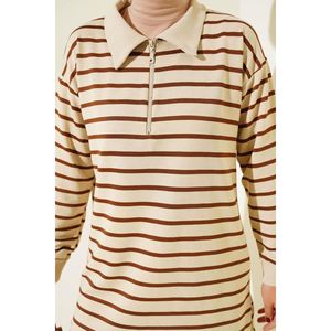 Túnica larga a rayas con cremallera, Cuello de camisa, gasa marrón transpirable, tejido de algodón, talla libre de poliéster, talla única para primavera - Product Image 3