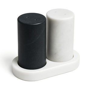 Juego de salero y pimentero de mármol blanco con elegante soporte ovalado negro, diseño cilíndrico minimalista moderno, accesorio de lujo para comedor. - Product Image 2