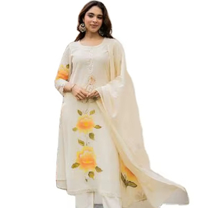 Summer Winter Party Comfort Georgette Silk Fabric Flower Printed Straight Cut Border <b>Kurti</b> & Pent Dupatta Set Wholesale - Product Image 1