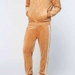 <b>Men</b> camel brown tracksuit set velour zip up jacket and <b>pants</b> with <b>white</b> stripe casual athletic two piece sportswear - Product Image 6
