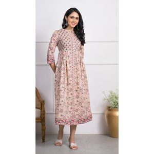 Vestido largo de algodón gris con estampado de bloques color crema, estilo casual hippie con cuello mandarín, transpirable, tallas XL a 5XL - Product Image 6