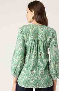 Haut en coton à imprimé floral HandBlock Boho Chic Vintage haut vert haut d'été en coton indien pour femme - Product Image 4