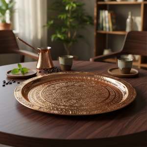 <b>Large</b> Modern Copper Embroidered <b>Tray</b> Stainless Steel Brass Sustainable Metal <b>Tray</b> for Food Serving Oval Decorative Coffee <b>Tray</b> - Product Image 3