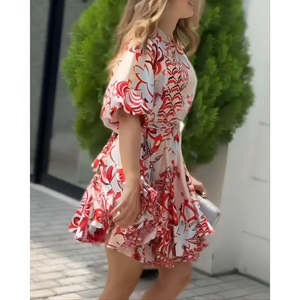 Robe courte plissée à manches ballon et col rond pour femme, 36172 - à motifs - Product Image 3