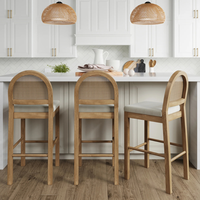 Tabouret de bar rembourré Japandi écologique avec dossier, structure en bois massif, rotin naturel, tabouret de cuisine pour appartement et restaurants
