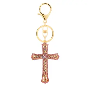 Decorative Rustic Wood Cross Keyring Wooden Keychain with beads