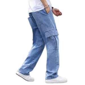 กางเกงยีนส์คาร์โก้ผู้ชายมีกระเป๋าหลายกระเป๋าใส่สบายกางเกงยีนส์ที่ทนทานสำหรับการออกนอกสถานที่แบบลำลองและสตรีทแวร์ในชีวิตประจำวัน - Product Image 1