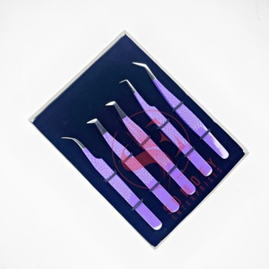 Pince à épiler professionnelle d'extension de cils Durable en acier inoxydable violet de haute qualité Logo personnalisé pointe de Fiber de Volume incurvée - Product Image 4
