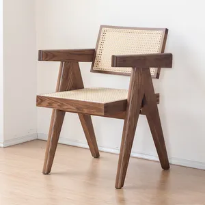 Knocked Down Iconic Jeanneret Chandigarh Cane Back Solid Walnut Wood Dining Room Chair