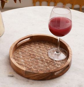 ถาดไม้อะคาเซียทำด้วยมือถาดไม้ไผ่ทรงกลมพร้อมที่จับถาดเสิร์ฟตกแต่งโต๊ะสำหรับอาหารเช้า - Product Image 2