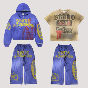 Conjunto de 2 Piezas de Sudadera con Capucha y Cremallera Informal de Invierno para Hombre, Pantalones Deportivos Personalizados con Pedrería, Chándal de Talla Grande Unisex, Transpirable, 100% Algodón - Product Image 2