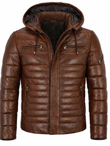 Blouson matelassé en cuir marron pour homme avec capuche, manteau d'hiver chaud, fermeture éclair sur le devant et plusieurs poches - Product Image 6