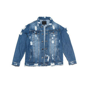 Chaqueta vaquera de hombre de manga larga de alta calidad al por mayor, azul rasgado con logo frontal, 100% algodón prelavado - Product Image 2