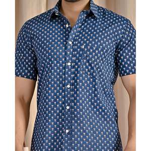 Camisa de Algodón Popelina Azul Estampada de Manga Corta para Hombre, Transpirable, Estilo Casual, Accesorio de Moda ODM - Product Image 2