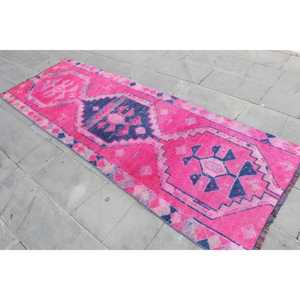 Vintage Rug, 3x8.9 ft <b>Runner</b> Turkish Rug, Herki <b>Red</b> Blue Check Rug - Product Image 2