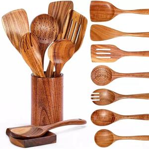 Wholesale Natural Acacia Wood Cooking Tools With Rattan Handle <b>Wooden</b> Kitchen Serving Spoon Slotted <b>Spatulas</b> Fried <b>Spatulas</b> - Product Image 3