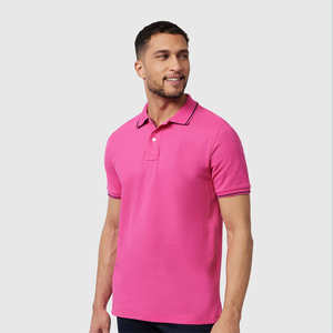 Polo Ligero para Hombre, Color Rosa Intenso, Transpirable, de Algodón, con Ribete Negro, Manga Corta, Informal, para Verano, Ropa de Trabajo con Cuello - Product Image 1