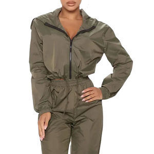 Coupe-vent femme léger solide grande taille survêtement tenues fermeture éclair 100% coton à capuche et survêtement ensemble - Product Image 1