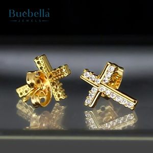 S925 plata esterlina 14K oro laboratorio cultivado redondo corte brillante diamante Hip Hop Micro Cruz Stud pendientes para hombres - Product Image 3