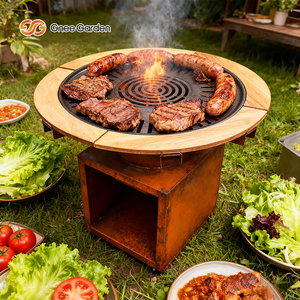 Barbecue commercial haut de gamme moderne en acier Corten avec foyer et roues, îlot de cuisine extérieur, grilles Teppanyaki - Product Image 4